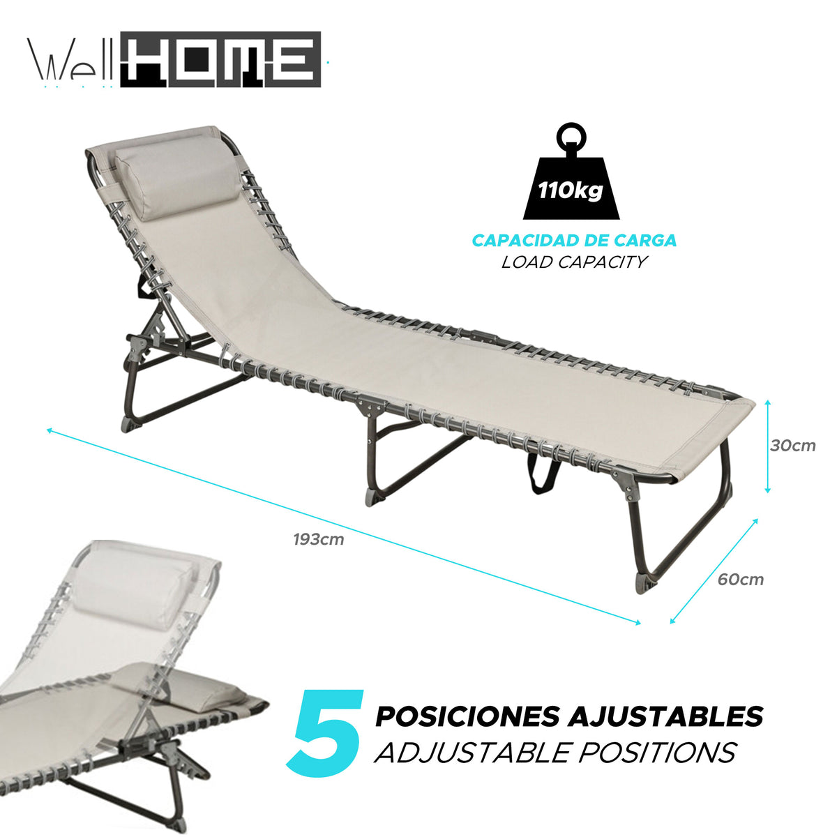 Tumbona camping acero 193x60x30 cm hasta 110 kg gris oscuro beige (2)