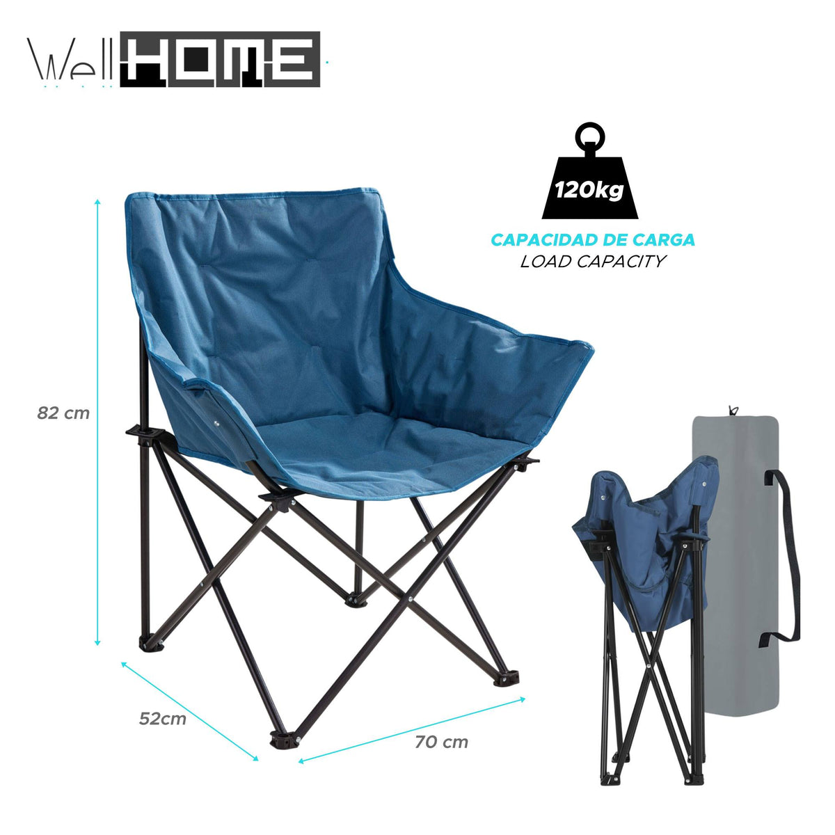 Silla de camping deluxe acero 70x52x82 cm hasta 120 kg con bolsa (3)
