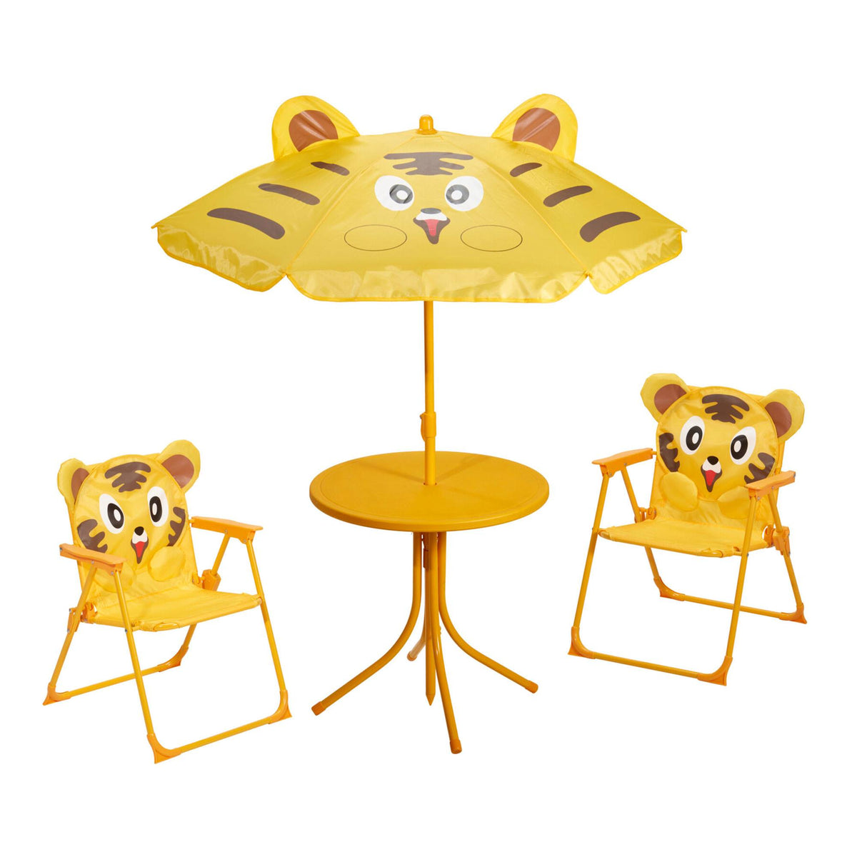 Conjunto jardín niños 4 pzs mesa 2 sillas y parasol diseño tigre