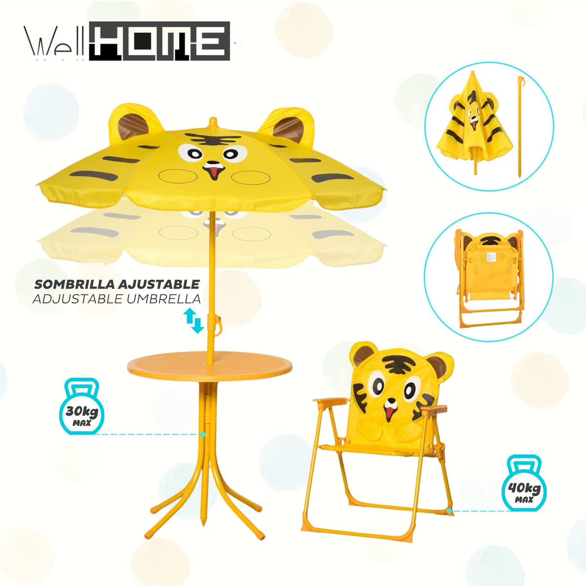 Conjunto jardín niños 4 pzs mesa 2 sillas y parasol diseño tigre (2)