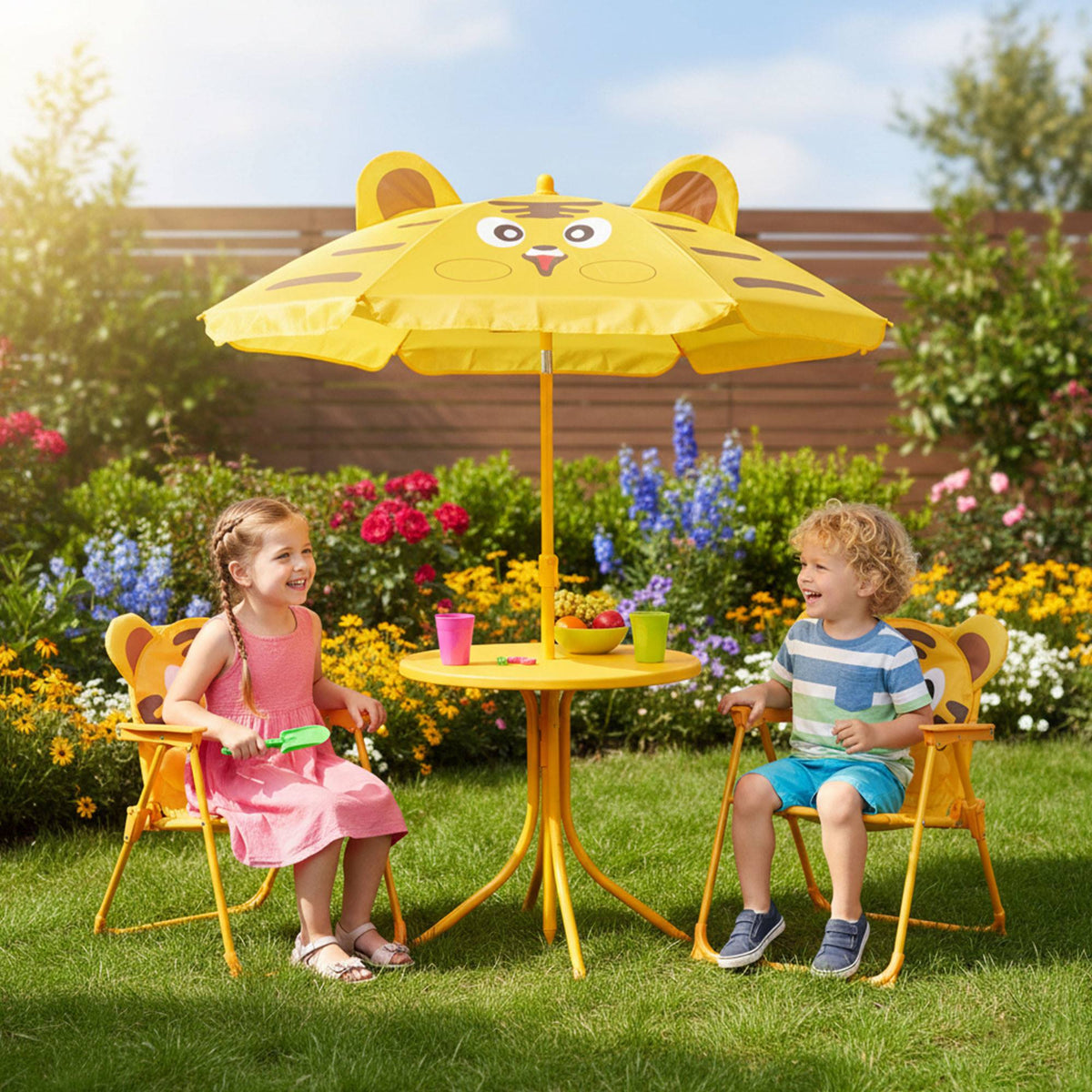 Conjunto jardín niños 4 pzs mesa 2 sillas y parasol diseño tigre (4)