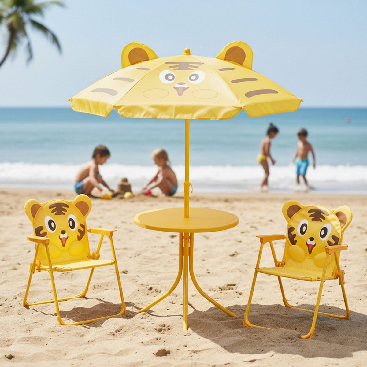 Conjunto jardín niños 4 pzs mesa 2 sillas y parasol diseño tigre (5)