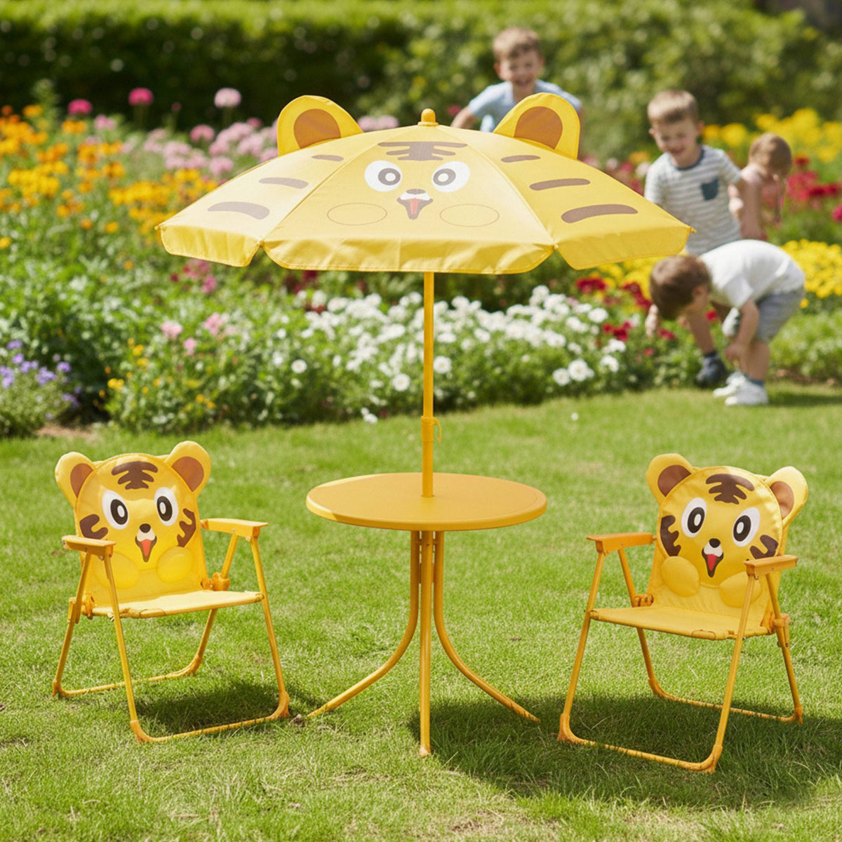 Conjunto jardín niños 4 pzs mesa 2 sillas y parasol diseño tigre (6)