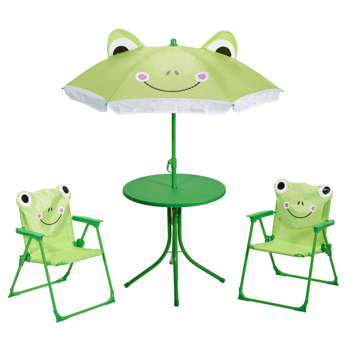 Conjunto jardín niños 4 pzs mesa 2 sillas y parasol diseño rana