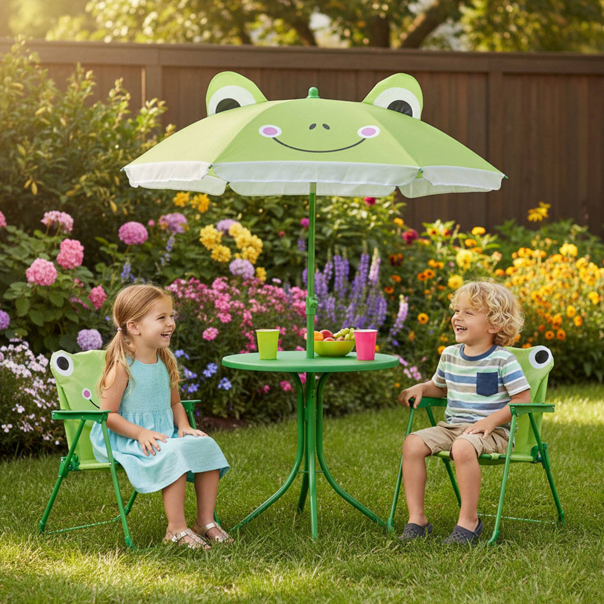 Conjunto jardín niños 4 pzs mesa 2 sillas y parasol diseño rana (4)