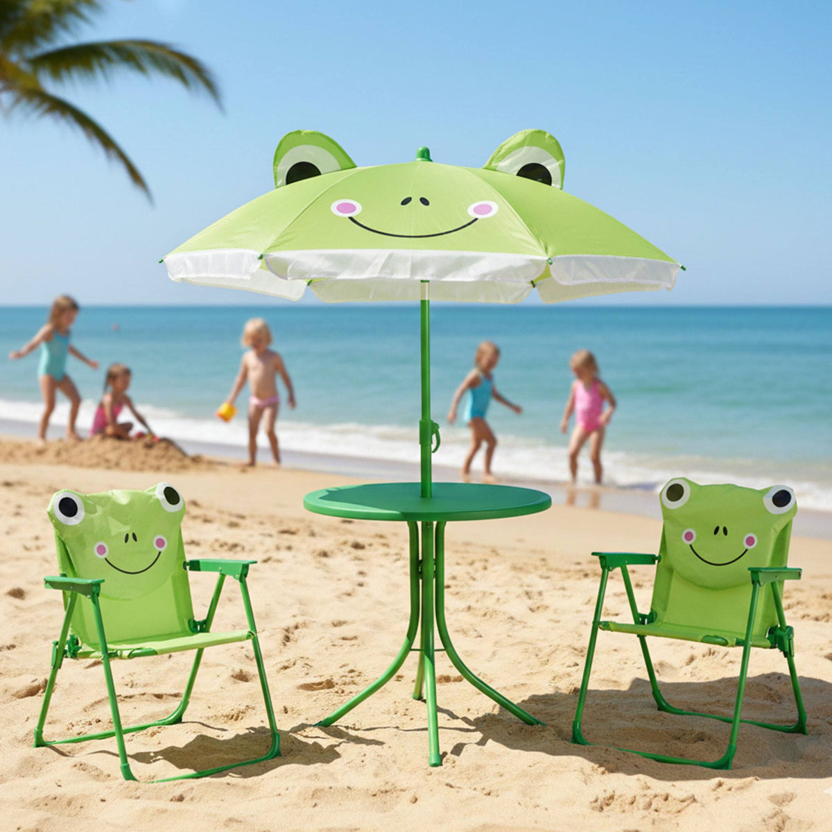 Conjunto jardín niños 4 pzs mesa 2 sillas y parasol diseño rana (5)