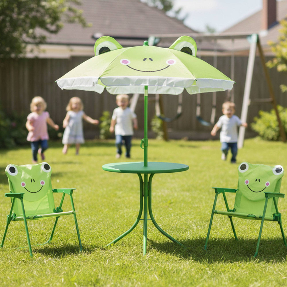 Conjunto jardín niños 4 pzs mesa 2 sillas y parasol diseño rana (6)