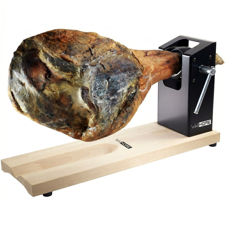 Jamonero profesional de corte Voladizo 62,5x19,5x30,3cm con base de madera de haya y soporte de hierro