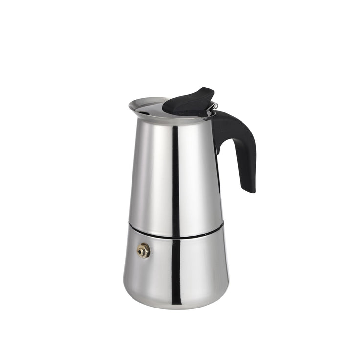 Cafetera Italiana Moka de Acero Inoxidable Apta para Inducción, Gas y Vitrocerámica, 100ml para 2 Tazas, con Mango ergonómico y Válvula de seguridad