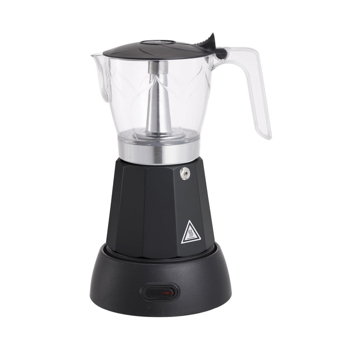 Cafetera Italiana Eléctrica Color Negro, 300ml para 3 o 6 Tazas con Reductor, Base 360º Inalámbrica, 480W, Ventana Transparente
