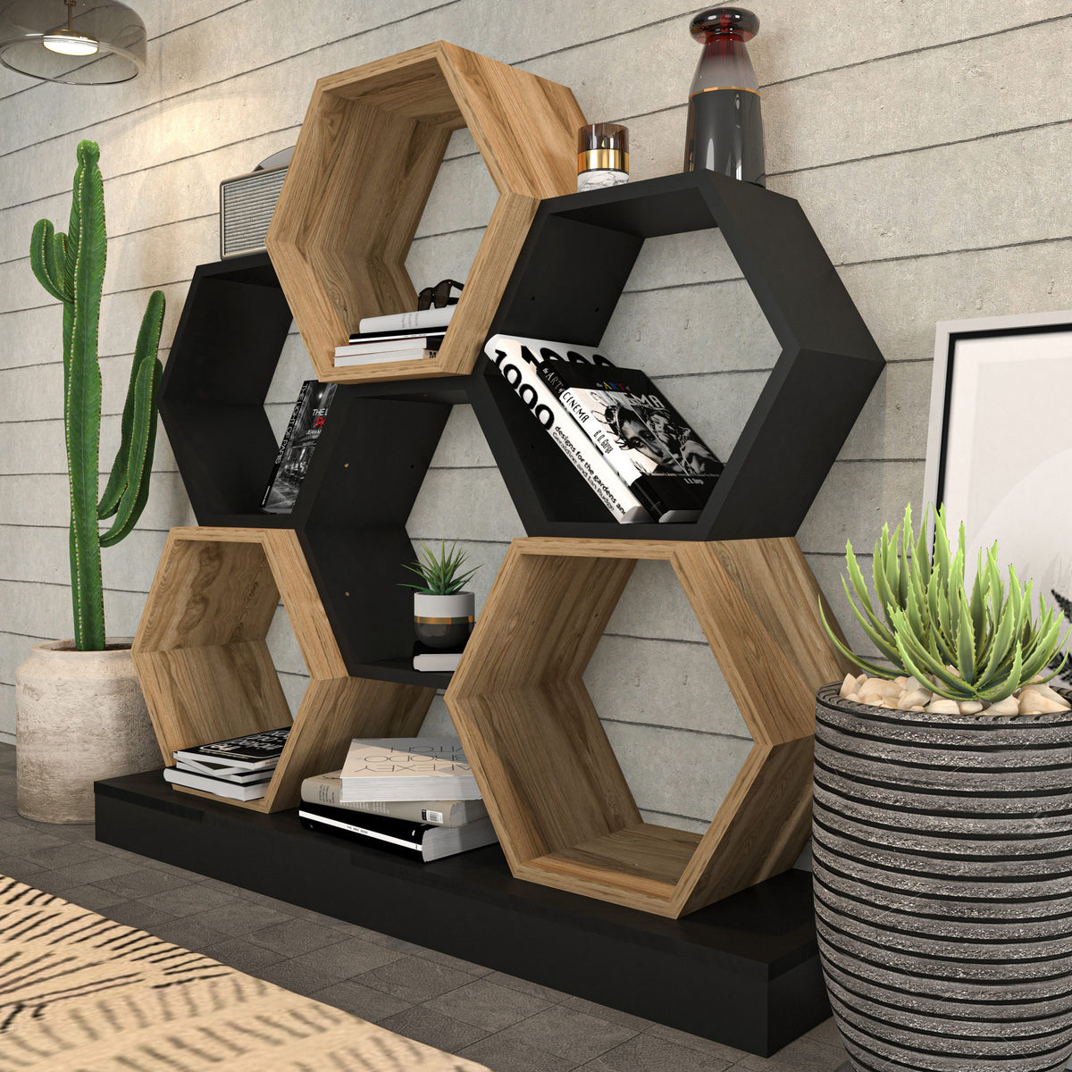 Librería melamina negro y roble 120x29,5x109cm (5)