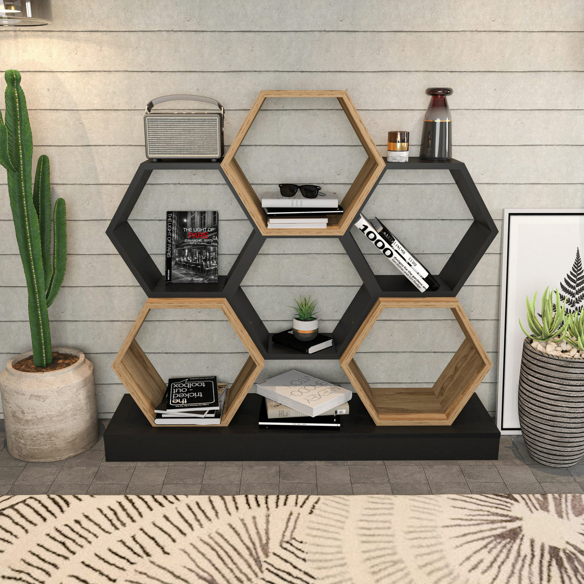Librería melamina negro y roble 120x29,5x109cm (6)