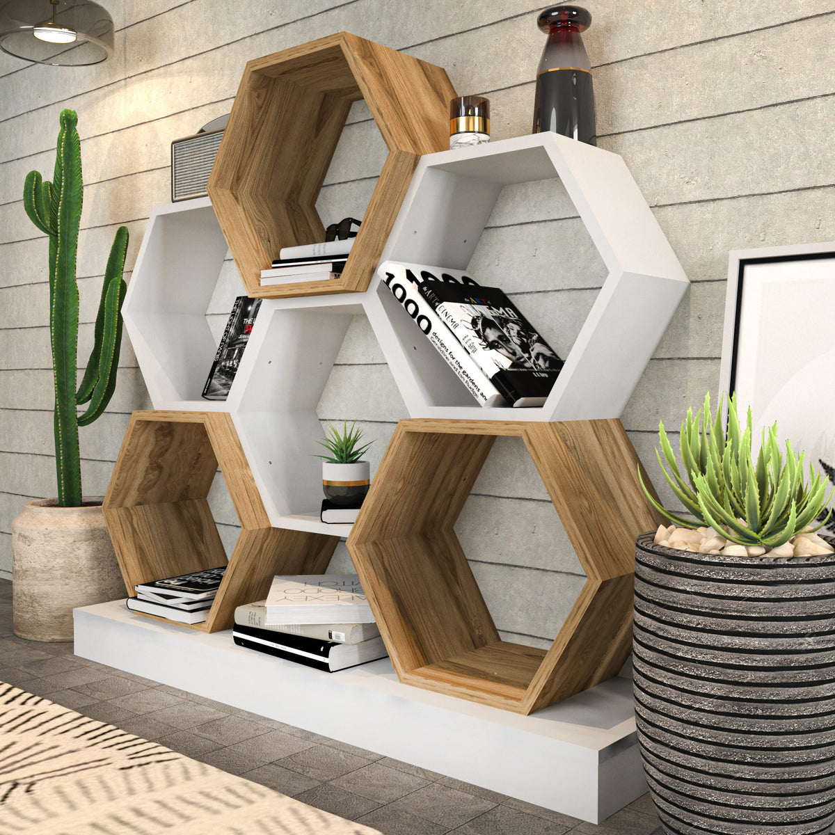 Librería melamina blanco y roble 120x29,5x109cm (5)
