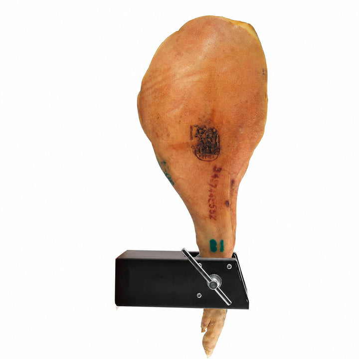 Jamonero de Pared Profesional 2 en 1 para Hostelería y Restaurantes, Soporte de Hierro con Rótula de Acero Inoxidable + Tabla de Haya Incluida, Ahorra Espacio 62,5x19,5x30,3cm
