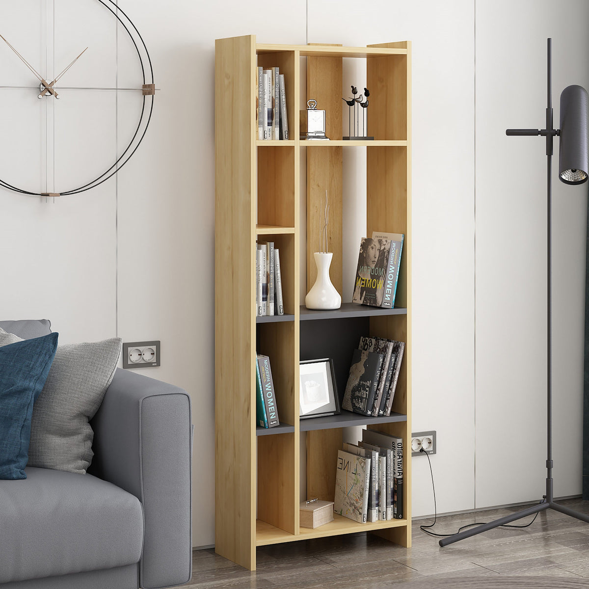 Librería melamina color roble y antracita 59x26,8x165cm (3)