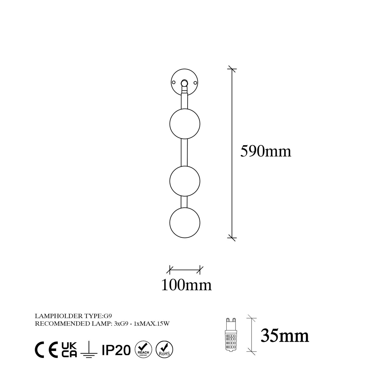 Aplique de pared metal negro 10x24x59 cm 3 casquillos G9 (2)