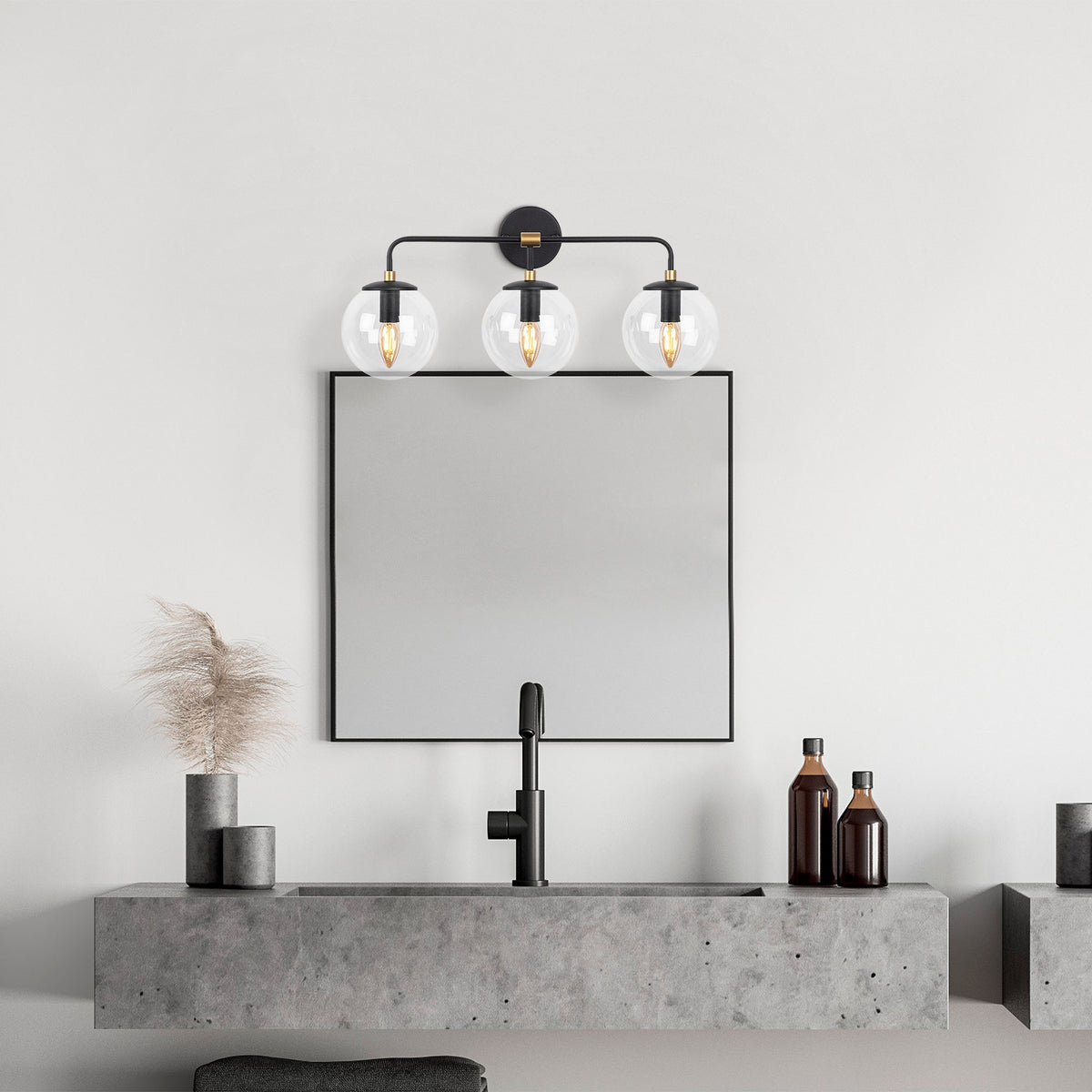 Aplique pared 3L metal negro pantalla transp 56x21x27cm (4)