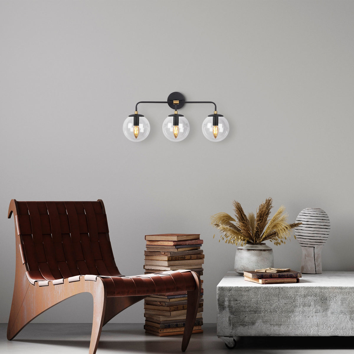 Aplique pared 3L metal negro pantalla transp 56x21x27cm (5)