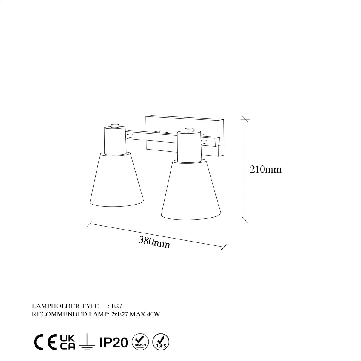 Aplique de pared metal negro 38x21x21 cm 2 casquillos E27 (2)