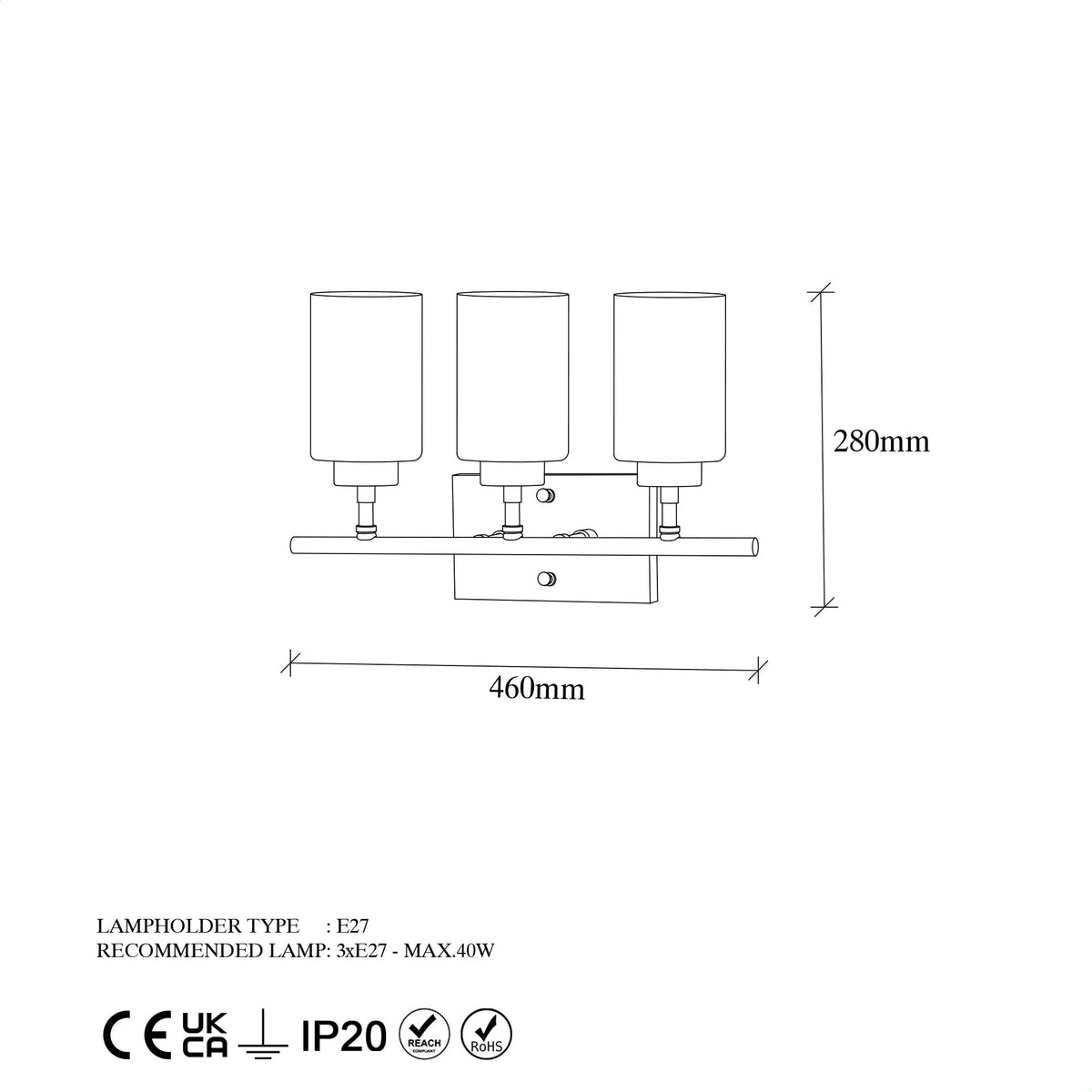 Aplique de pared metal negro 46x15x28 cm 3 casquillos E27 (2)