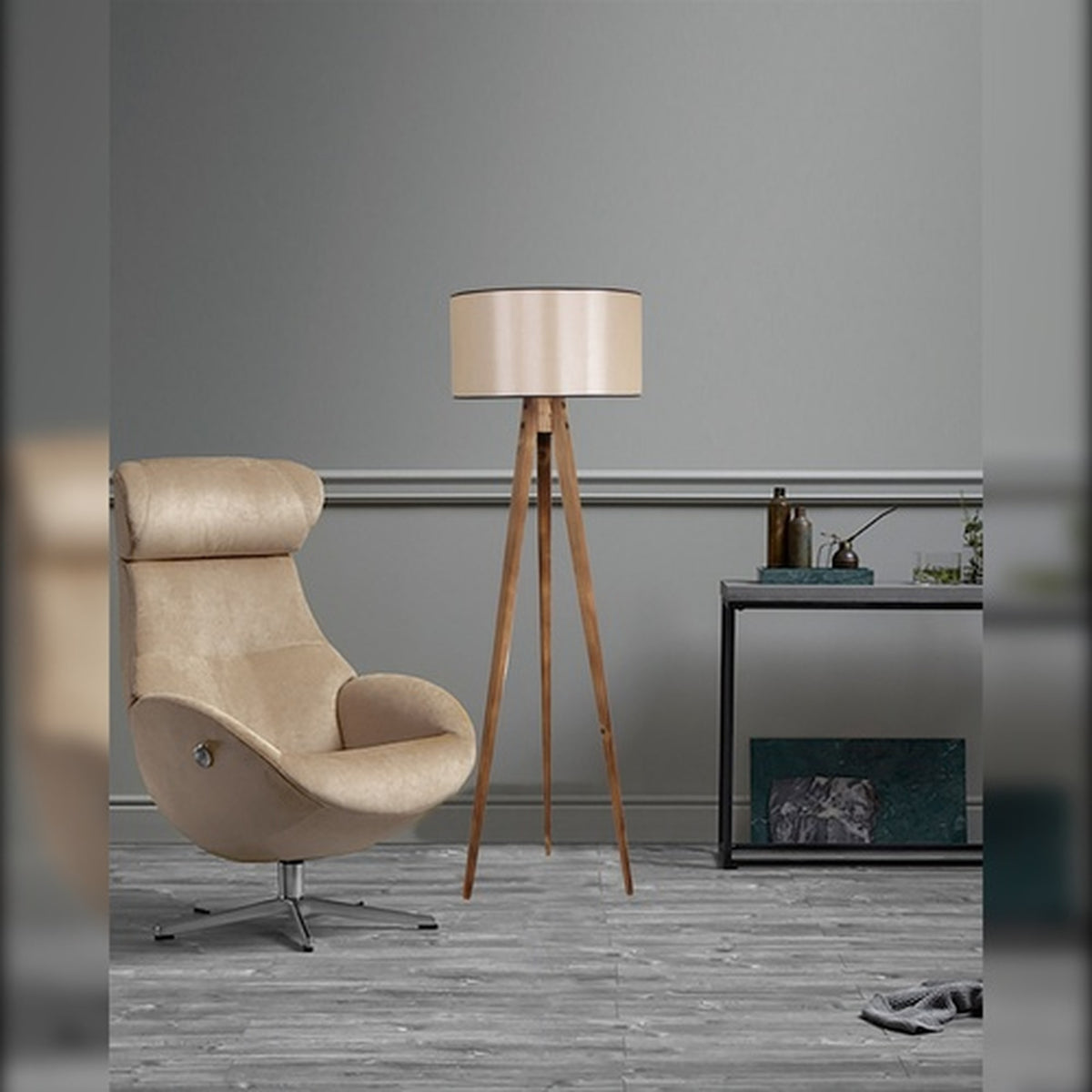 Lámpara de pie madera marrón pantalla beige 45x45x153 cm E27 (4)
