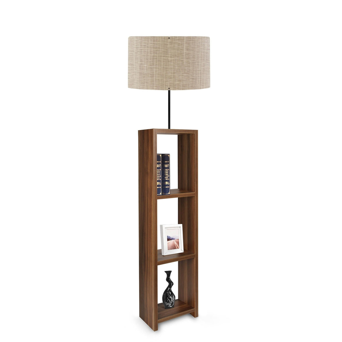 Lámpara de pie con estantes nogal pantalla beige PVC 21x38x150 cm