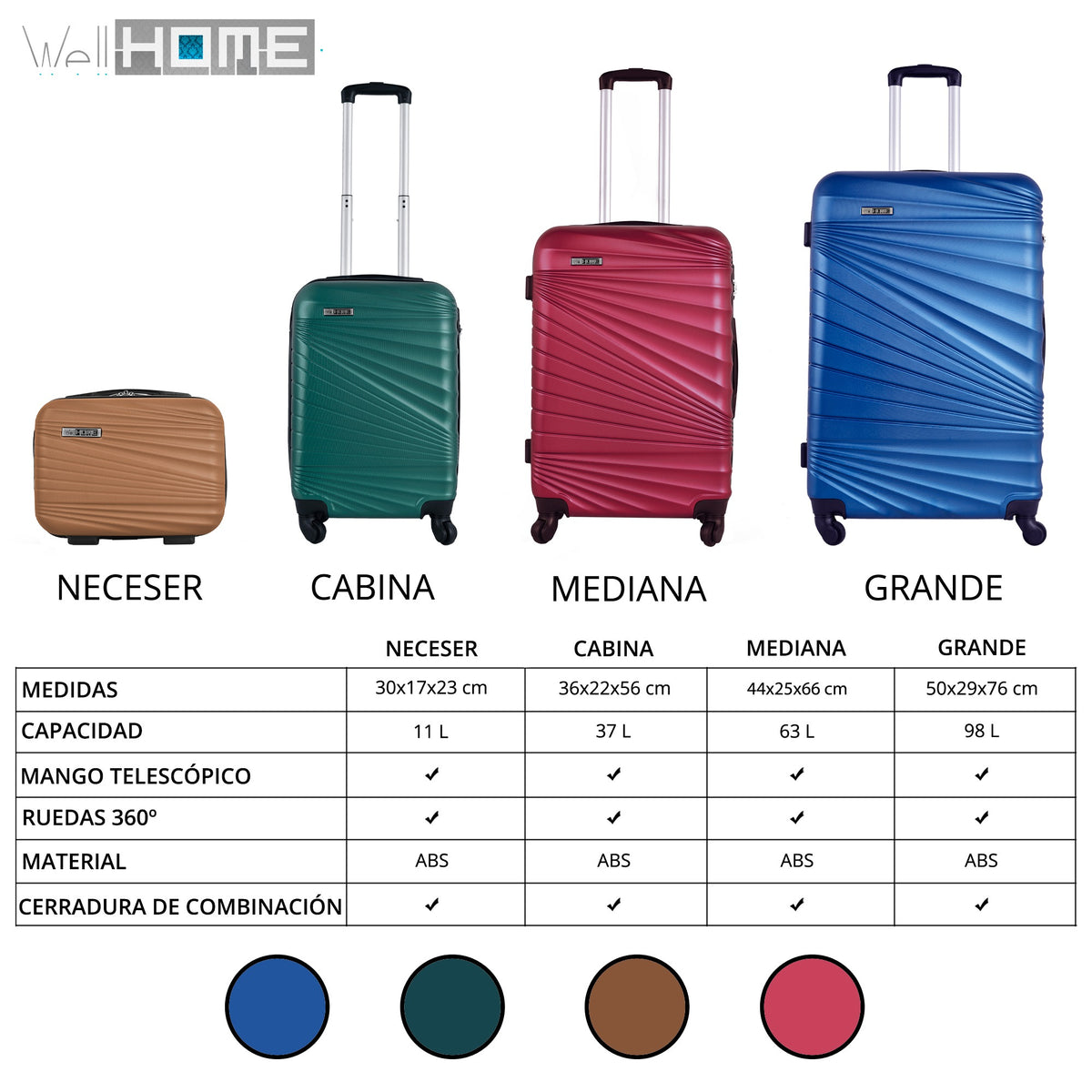 Juego de maletas rígidas 4 pzs color coral con ruedas (4)