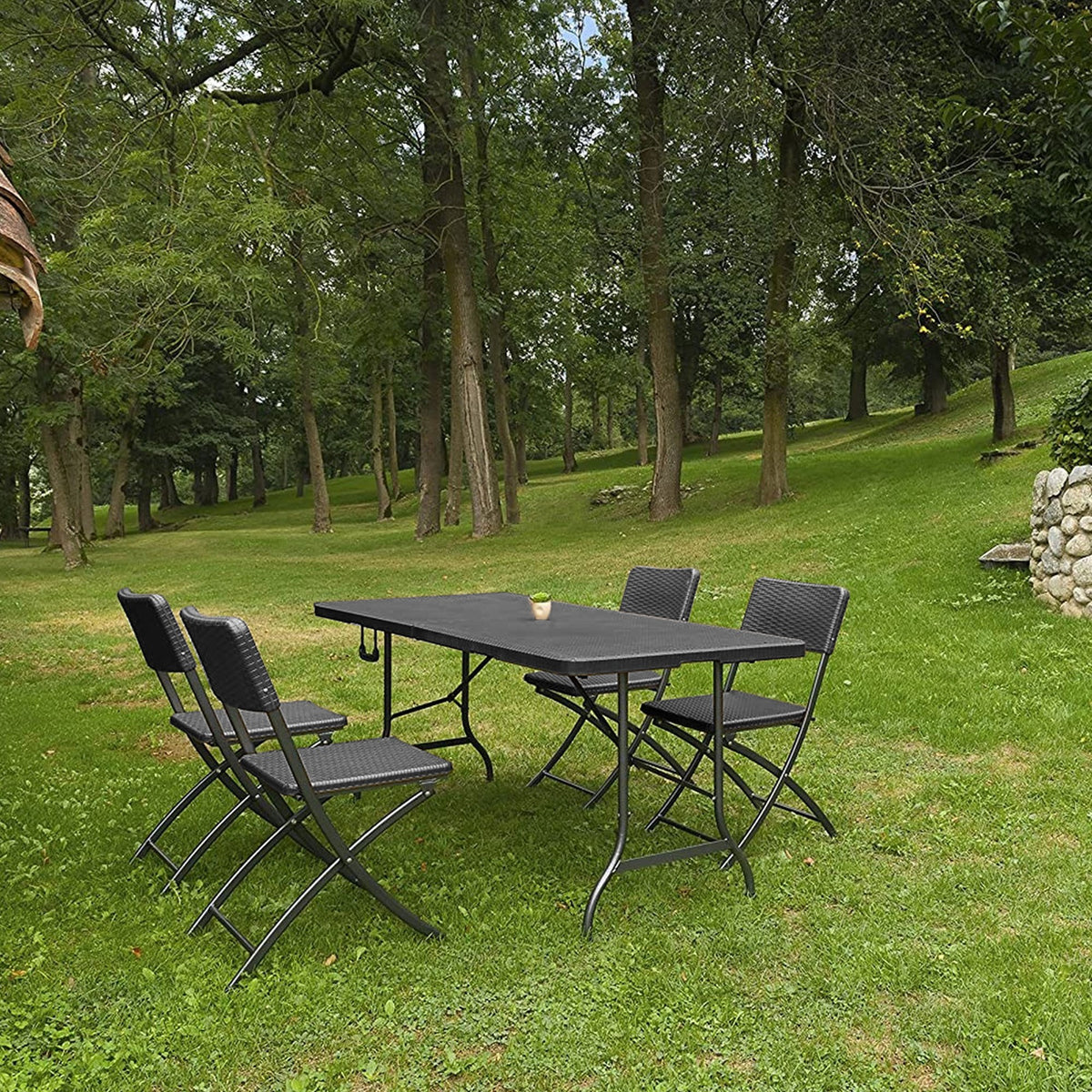 Mesa plegable efecto ratán negro 180x74x74 cm con asa transporte (4)