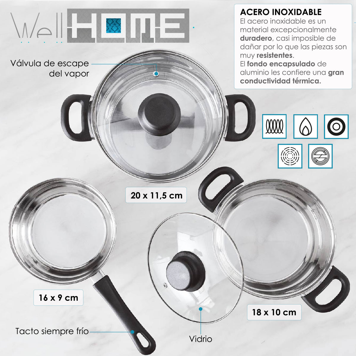 Batería de cocina acero inoxidable 5 pzs casquillo E27 (2)