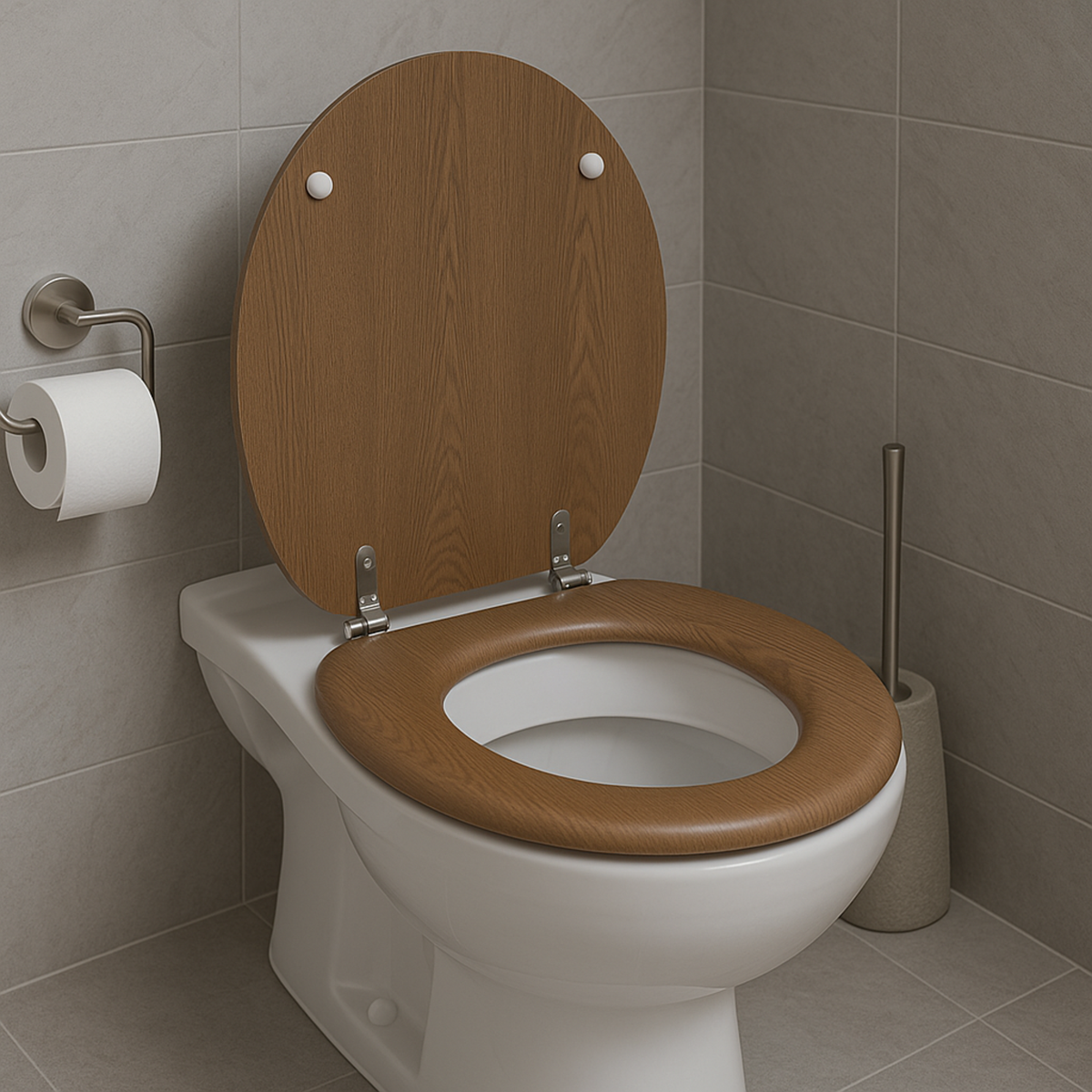 Tapa de inodoro MDF bisagras acero inox madera 37,5x45cm (5)